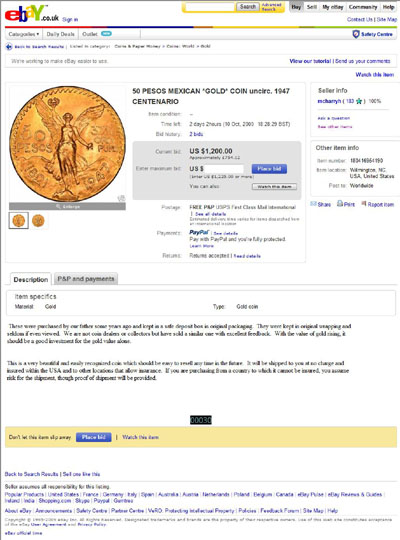 mcharryh eBay Listing Using our 1947 Mexican Gold 50 Pesos Photograph